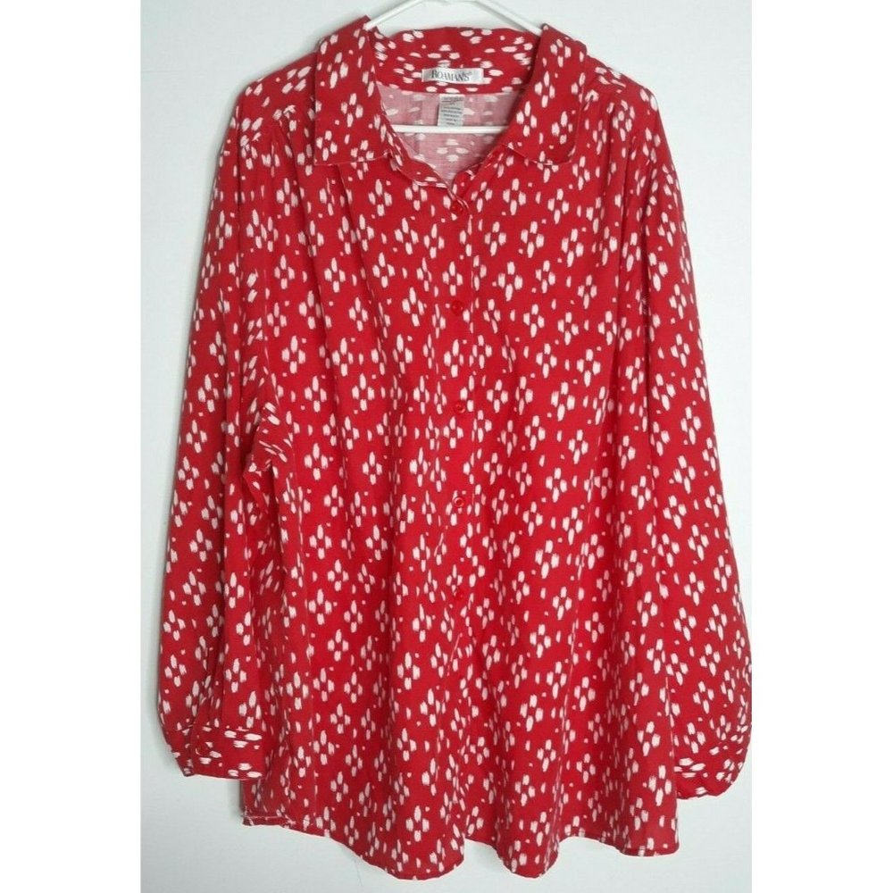 ROAMANS Button Front Shirt Red & White 4X Color Splash Long Sleeve Cotton Blend